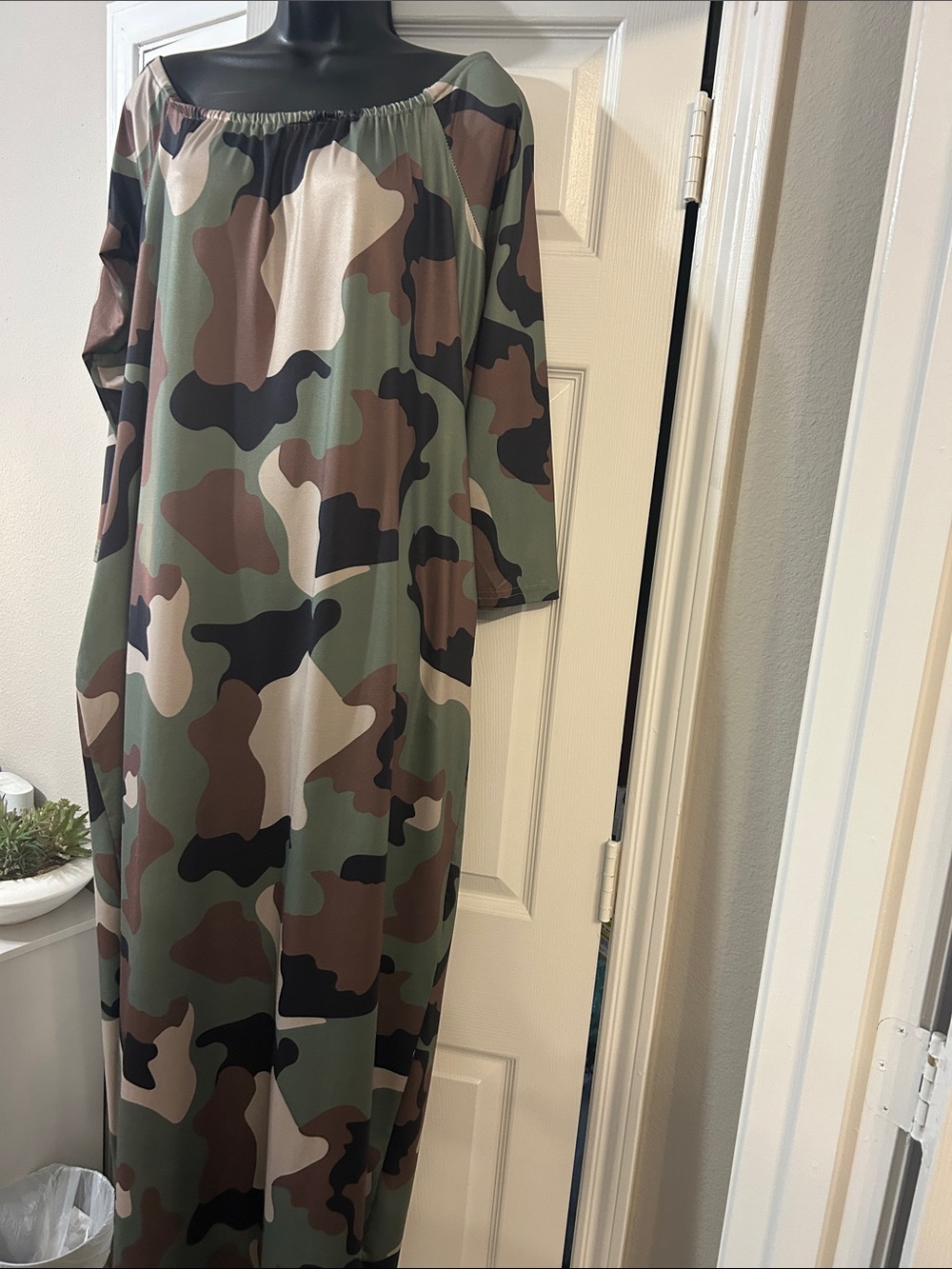 Women's Olive Camo Off-Shoulder Maxi Dress with pockets